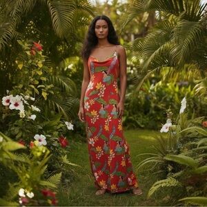 XIX Palms Nineteen Palms Women’s Hawaiian Red Tropical Floral Maxi Dress XS